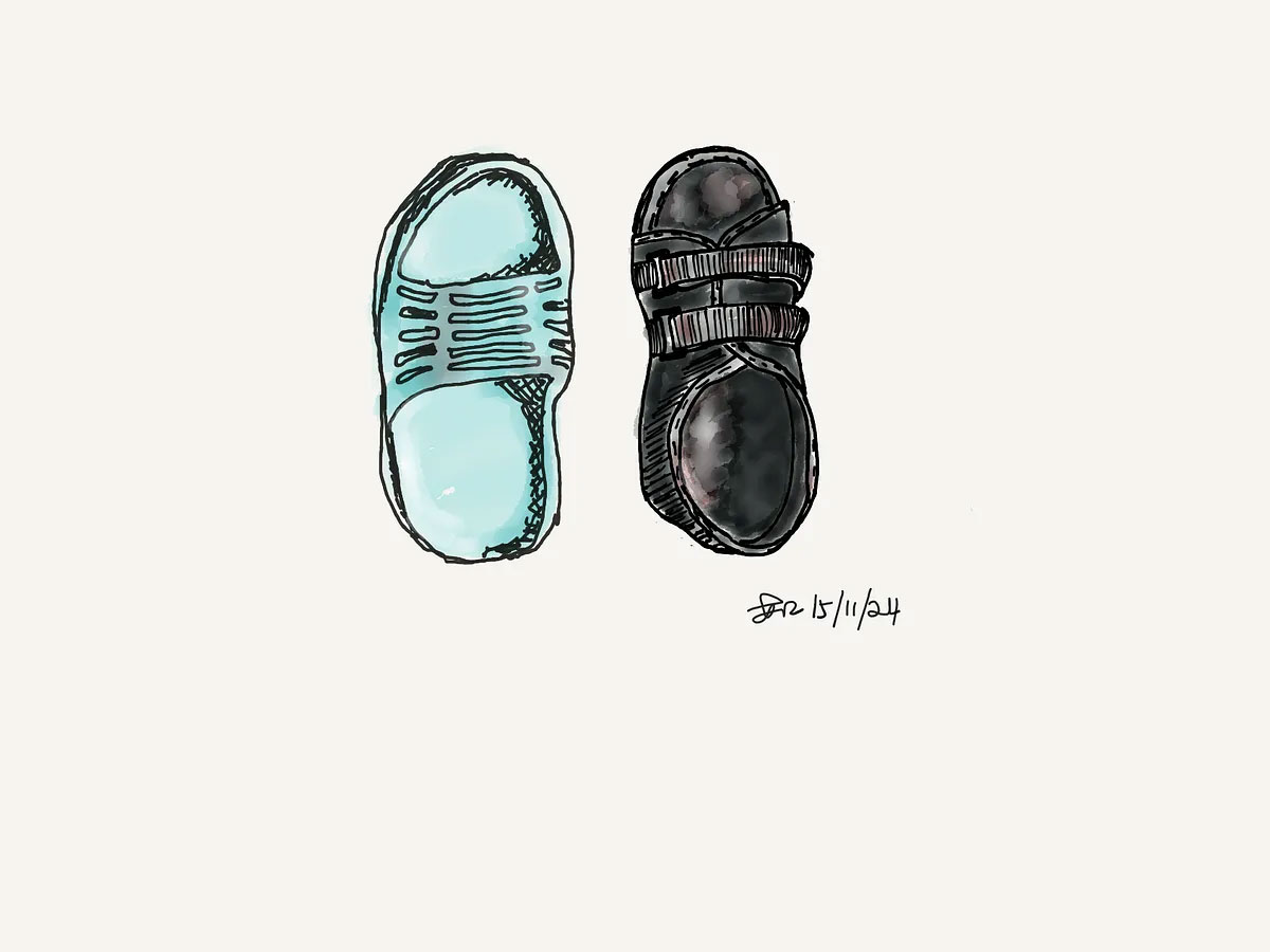 An artistic illustration of two different orthopedic shoes, a light blue sandal and a black strapped sandal, designed to accommodate feet with bunions.
