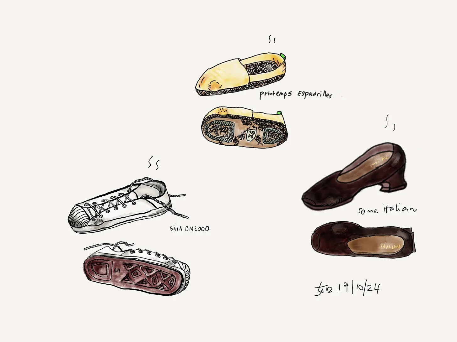 An artistic illustration of three types of footwear—espadrilles, sneakers, and heels—all drawn to appear stretched and misshapen at the big toe joint, showing how bunions impact different shoe styles.