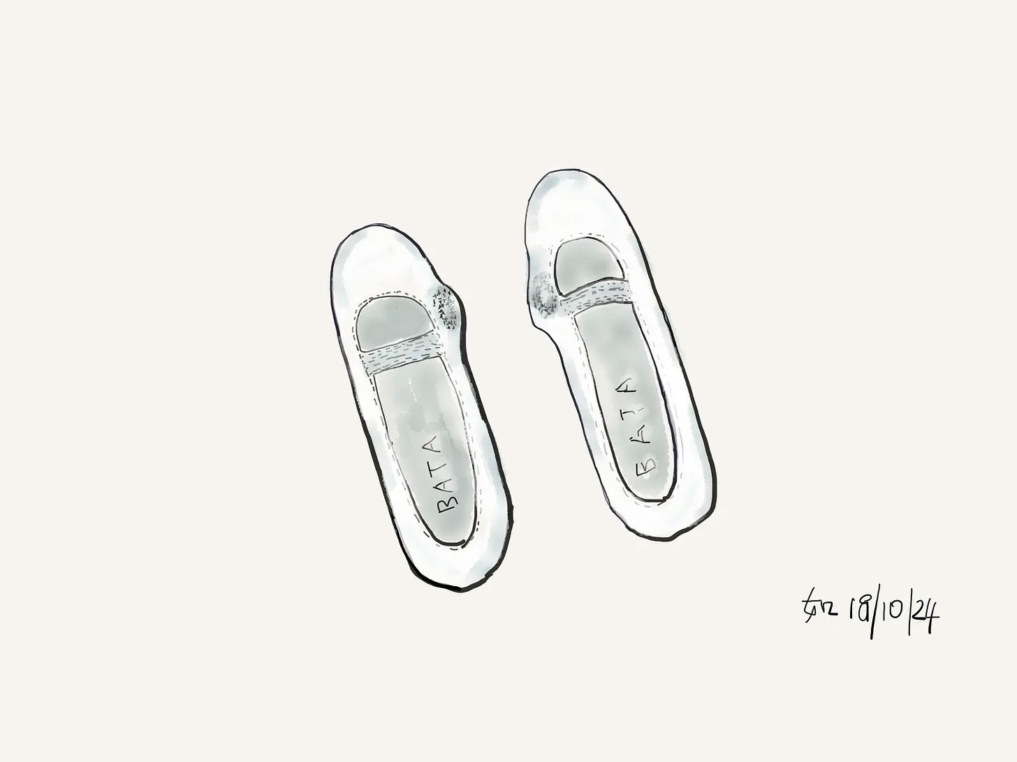 An artistic illustration of a pair of white Bata shoes, shown stretched and misshapen at the big toe joint to represent the effect of bunions on footwear.