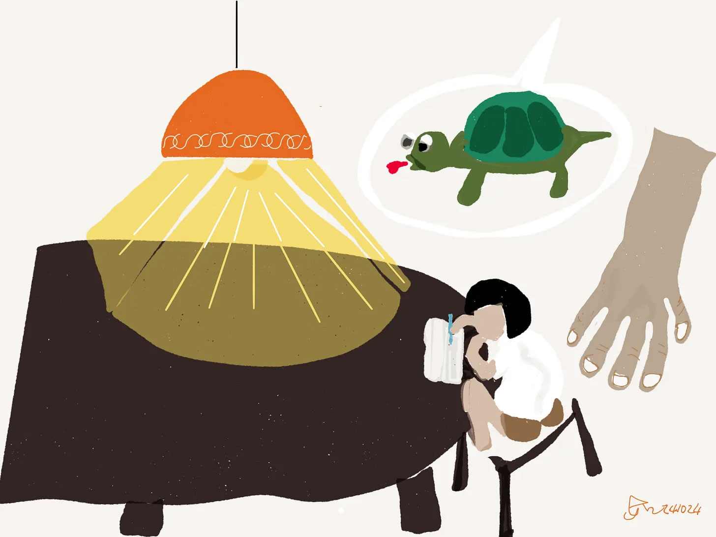 A stylised illustration showing a person writing at a table under a lamp. A thought bubble contains a green turtle, evoking a sense of childhood memory and storytelling within the 'A Tale of Two Bunions' series.