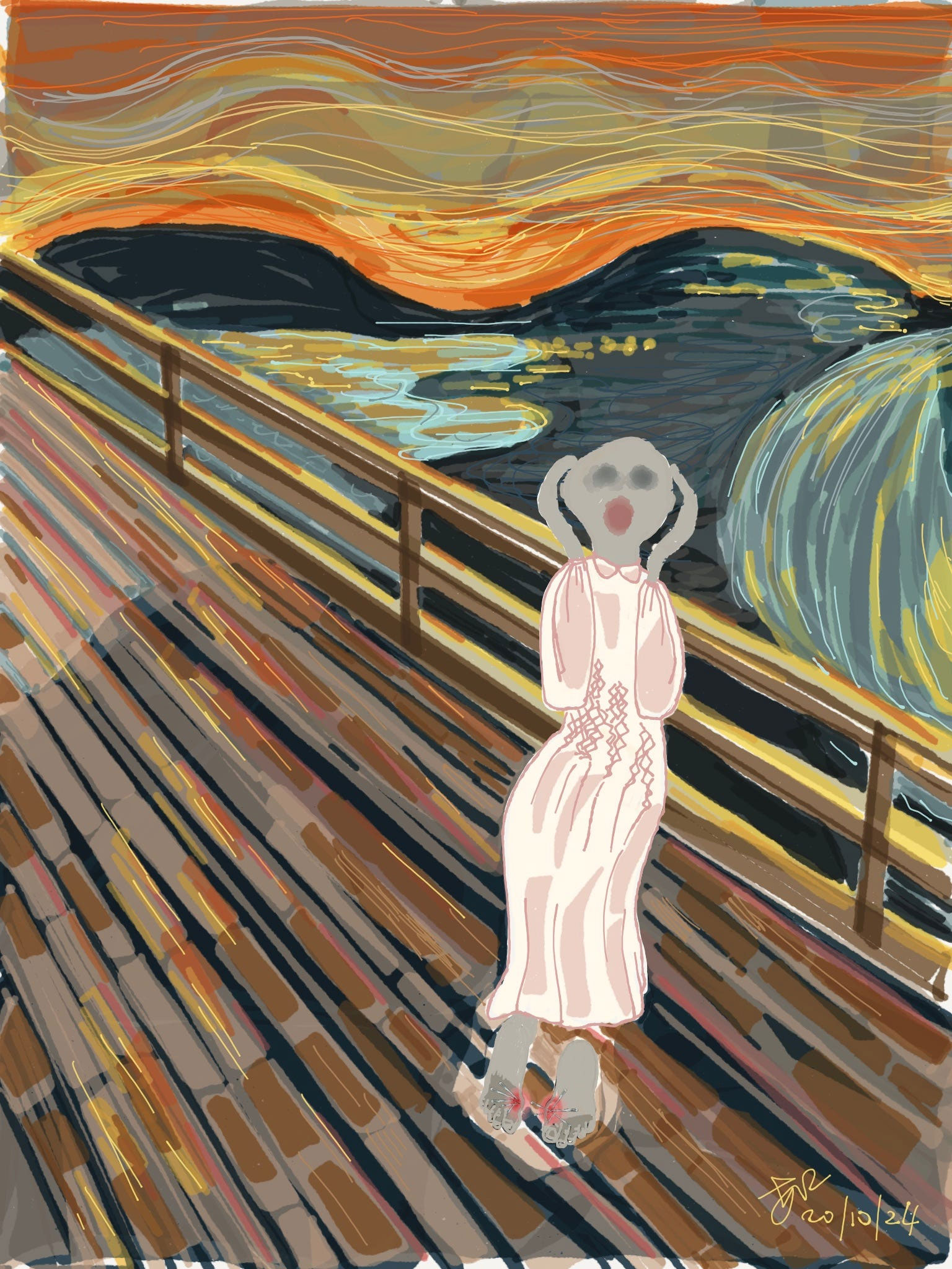 An artistic parody of Edvard Munch's 'The Scream,' in which the iconic figure's head is replaced by a foot, with a painful bunion forming the screaming mouth.
