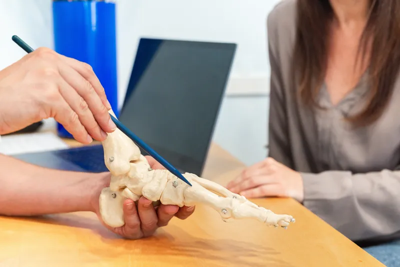 Doctor pointing to a foot anatomical model during a patient consultation